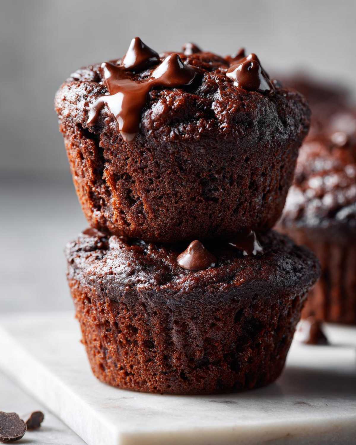 Close-up of two stacked, dark chocolate muffins topped with melted chocolate drizzle and chocolate chips. Perfect fudgy chocolate muffins.