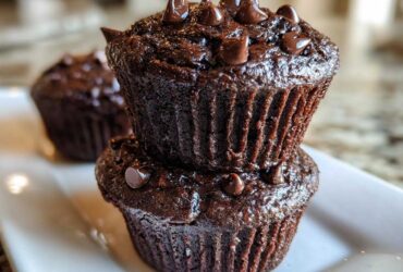 Close-up of two stacked, dark, fudgy chocolate muffins topped generously with melted chocolate chips.