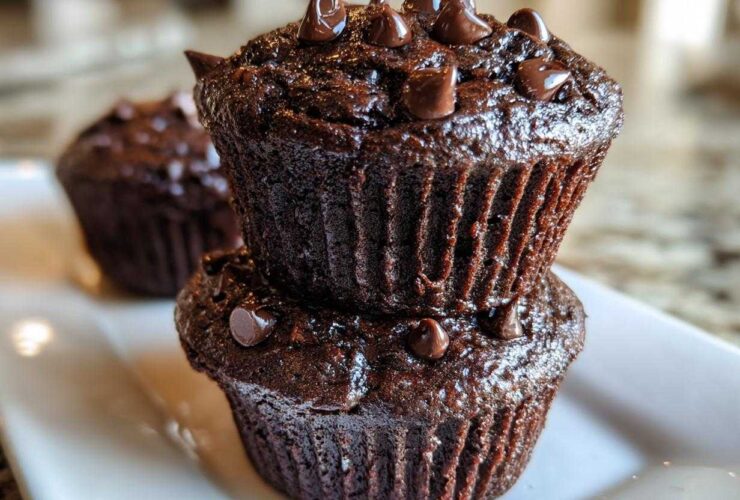 Close-up of two stacked, dark, fudgy chocolate muffins topped generously with melted chocolate chips.