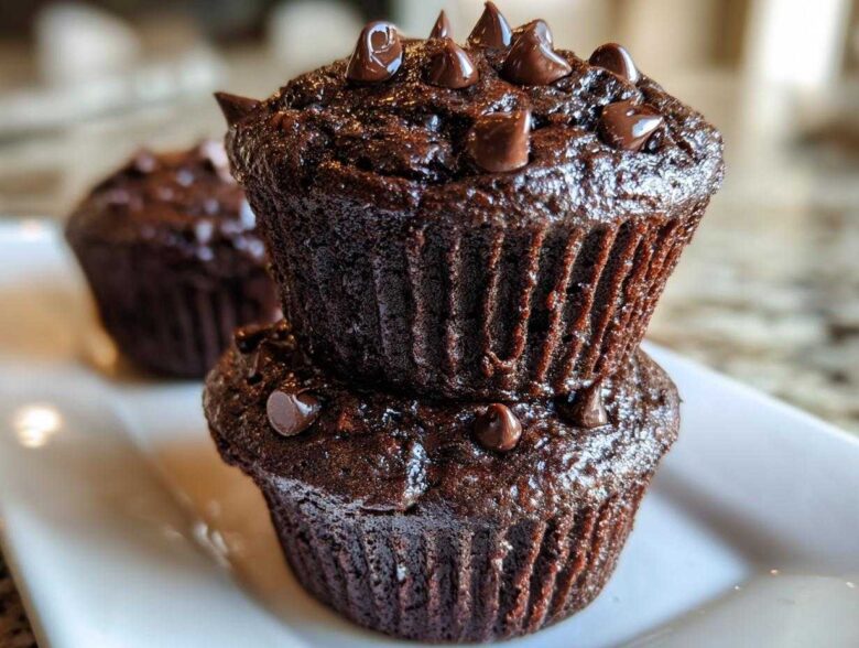 Close-up of two stacked, dark, fudgy chocolate muffins topped generously with melted chocolate chips.