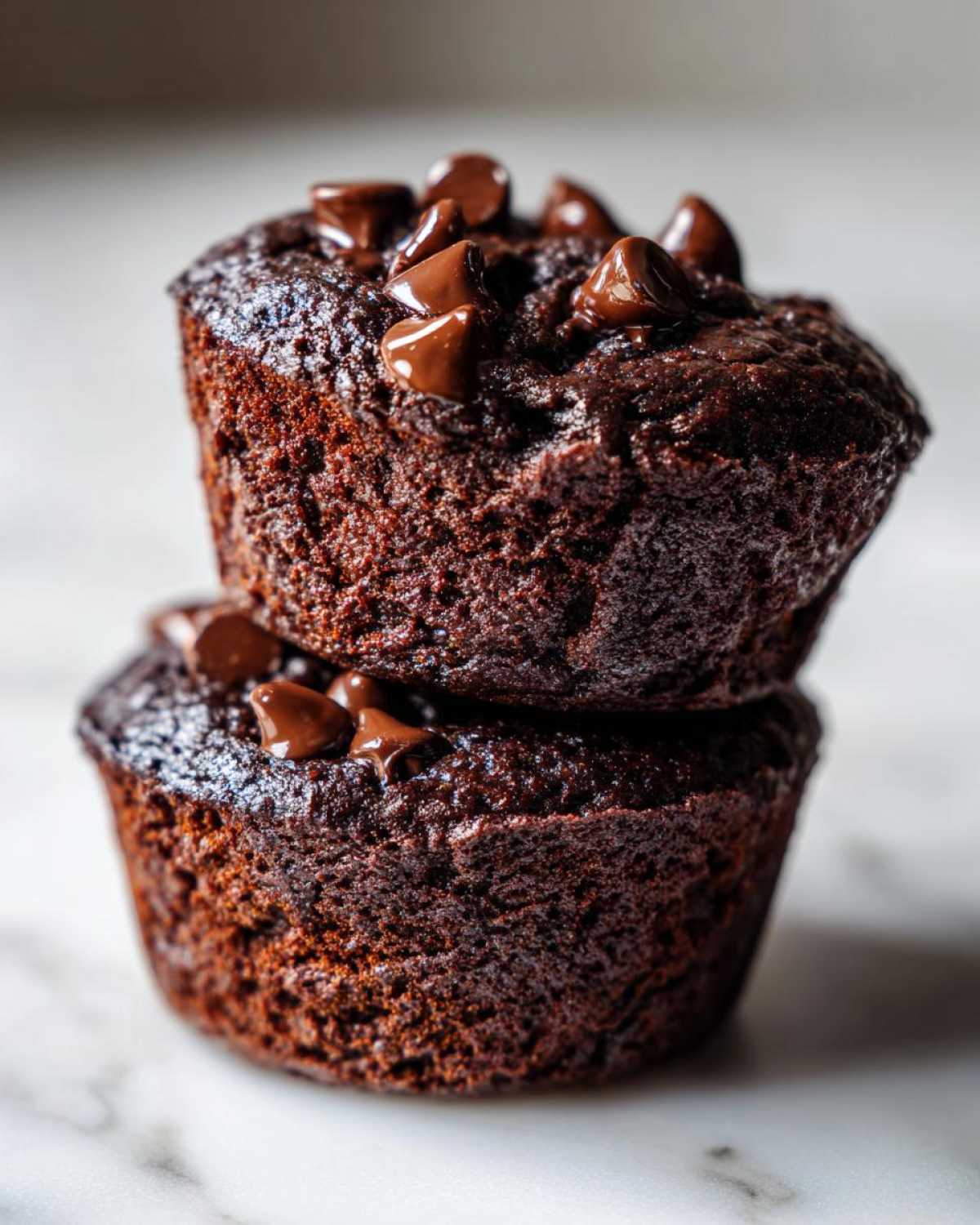 Close-up of two rich, dark chocolate muffins stacked, topped with melted chocolate chips.
