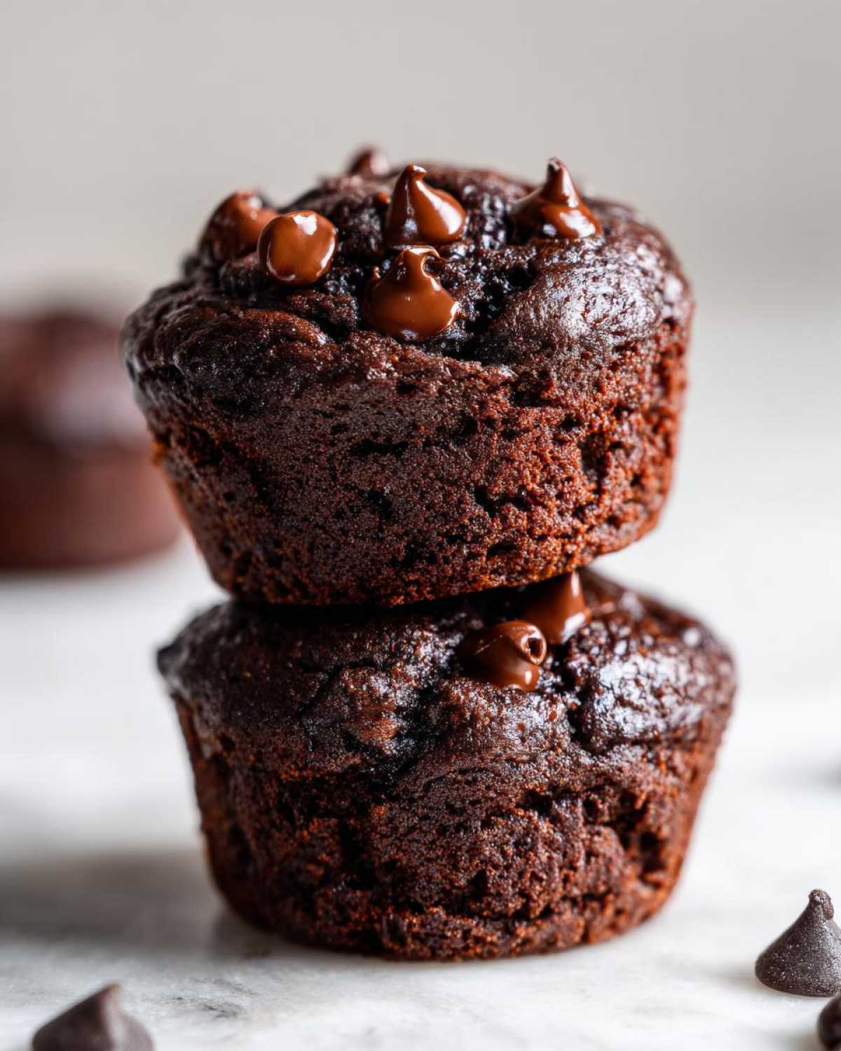 Two rich, dark chocolate muffins stacked on top of each other, topped with melted chocolate chips. Perfect for fudgy chocolate muffins.