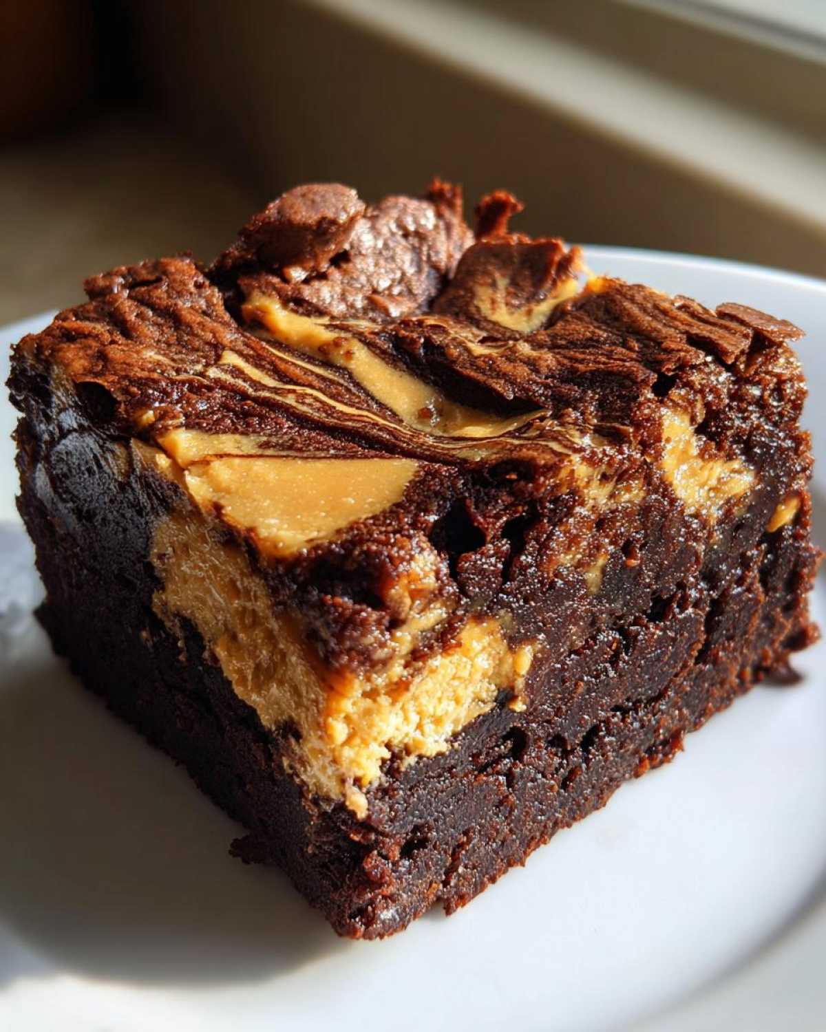 Close-up of a fudgy, dark chocolate peanut butter swirl brownies slice on a white plate.