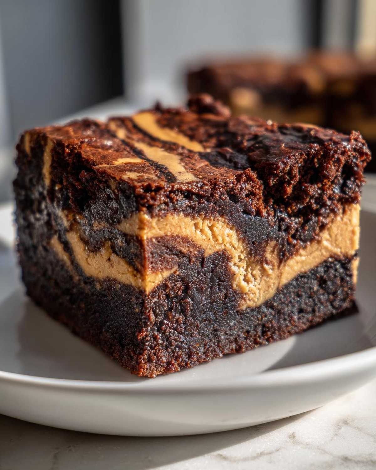 Close-up of a rich, fudgy peanut butter swirl brownies slice on a white plate.
