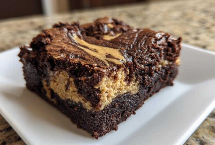 A close-up view of a thick, fudgy peanut butter swirl brownies square served on a white plate.