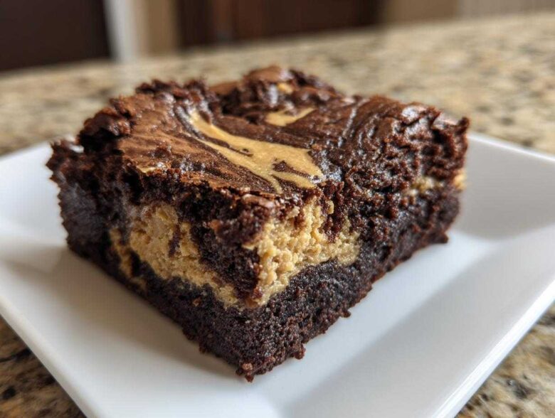 A close-up view of a thick, fudgy peanut butter swirl brownies square served on a white plate.