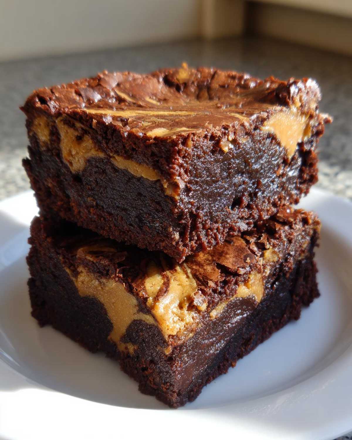 Two ultra fudgy peanut butter swirl brownies stacked on a white plate, showing a rich chocolate interior and peanut butter swirls.