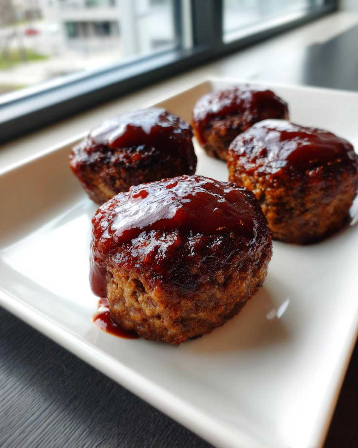 Four perfectly cooked mini meatloaf portions topped with a thick, glossy barbecue glaze, served on a white rectangular plate.
