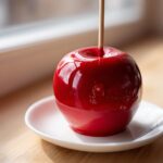 A single, vibrant red candy apple on a stick, resting on a small white saucer near a window.