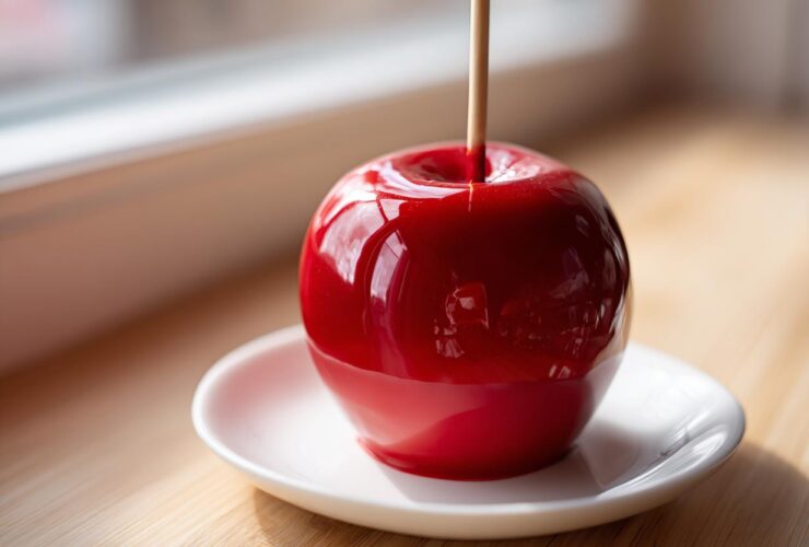 A single, vibrant red candy apple on a stick, resting on a small white saucer near a window.