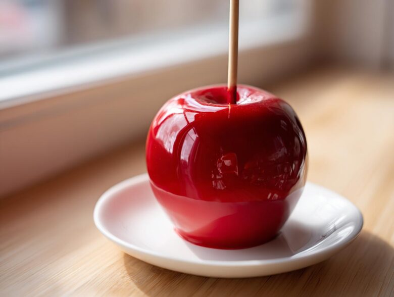 A single, vibrant red candy apple on a stick, resting on a small white saucer near a window.