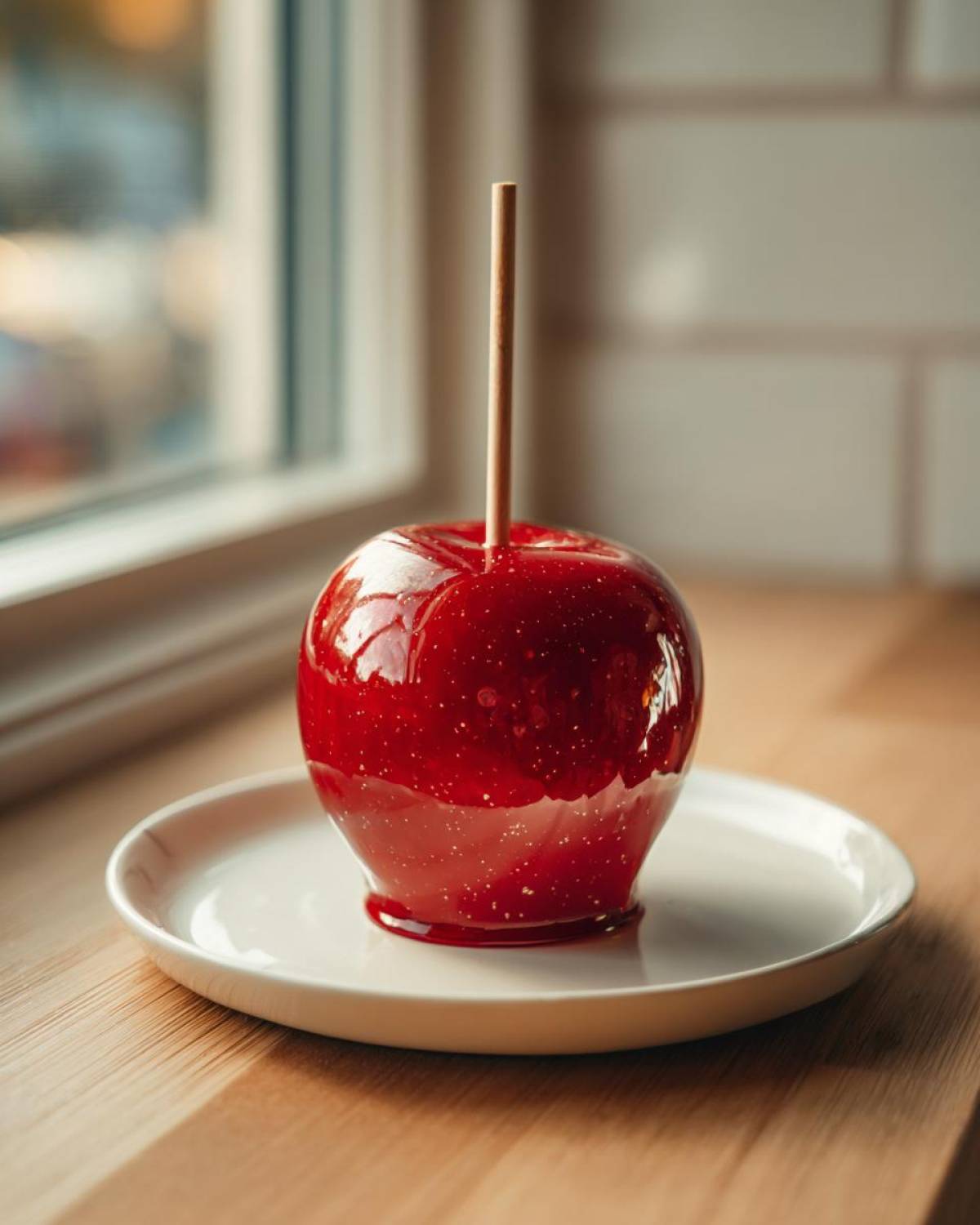 A single, glossy red candy apple with a wooden stick resting on a small white plate near a window.