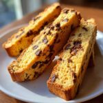 Four golden-brown slices of Gluten-Free Chocolate Chip Biscotti studded with dark chocolate chips, arranged on a white plate.