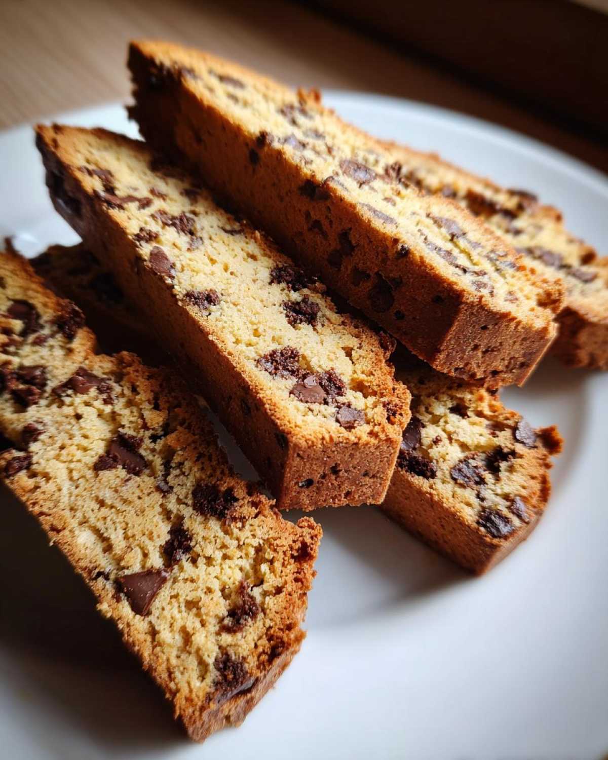 A close-up stack of golden brown Gluten-Free Chocolate Chip Biscotti slices loaded with chocolate chips, resting on a white plate.