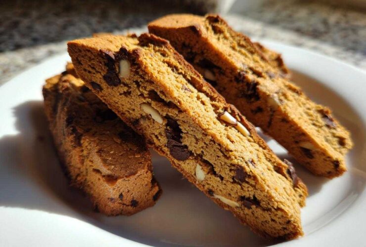 Close-up of three slices of golden brown Gluten-Free Chocolate Chip Biscotti, studded with chocolate chips and almonds, resting on a white plate.