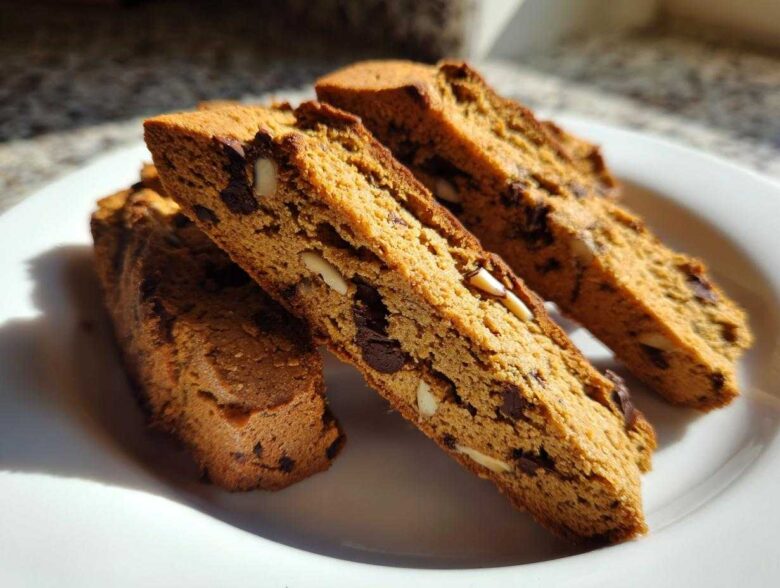 Close-up of three slices of golden brown Gluten-Free Chocolate Chip Biscotti, studded with chocolate chips and almonds, resting on a white plate.