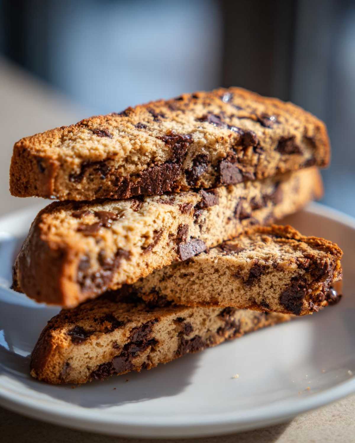 A stack of four crunchy Gluten-Free Chocolate Chip Biscotti slices loaded with dark chocolate chunks on a white plate.