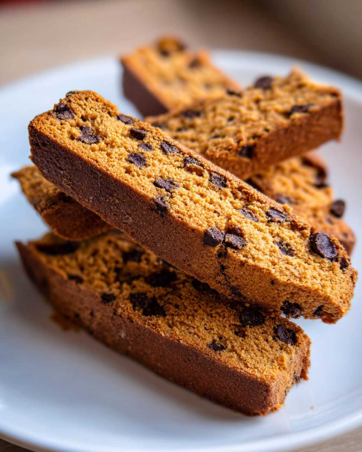 A stack of golden-brown Gluten-Free Chocolate Chip Biscotti slices featuring visible mini chocolate chips on a white plate.