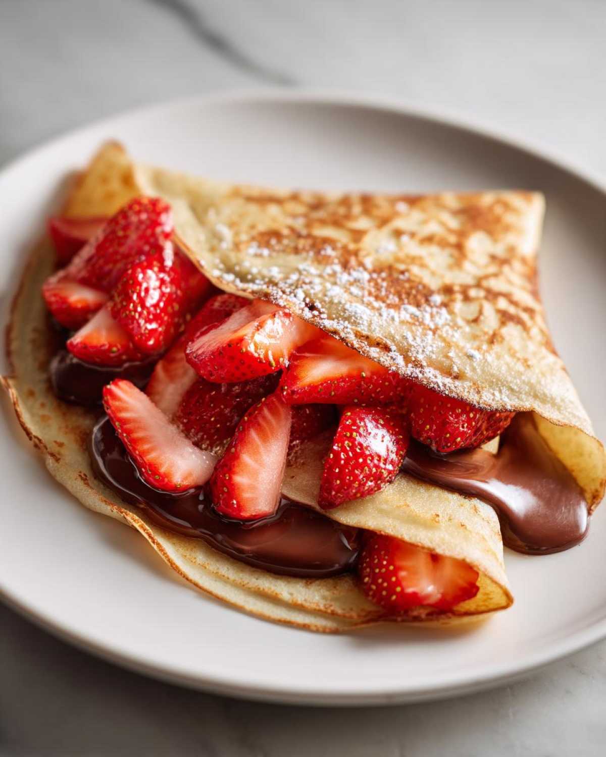 A folded Gluten-Free Chocolate Strawberry Crepes filled with sliced strawberries and chocolate sauce, dusted with powdered sugar.