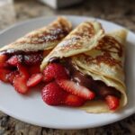 Two folded Gluten-Free Chocolate Strawberry Crepes filled with fresh strawberries and chocolate spread, dusted with powdered sugar.