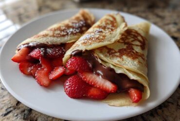 Two folded Gluten-Free Chocolate Strawberry Crepes filled with fresh strawberries and chocolate spread, dusted with powdered sugar.