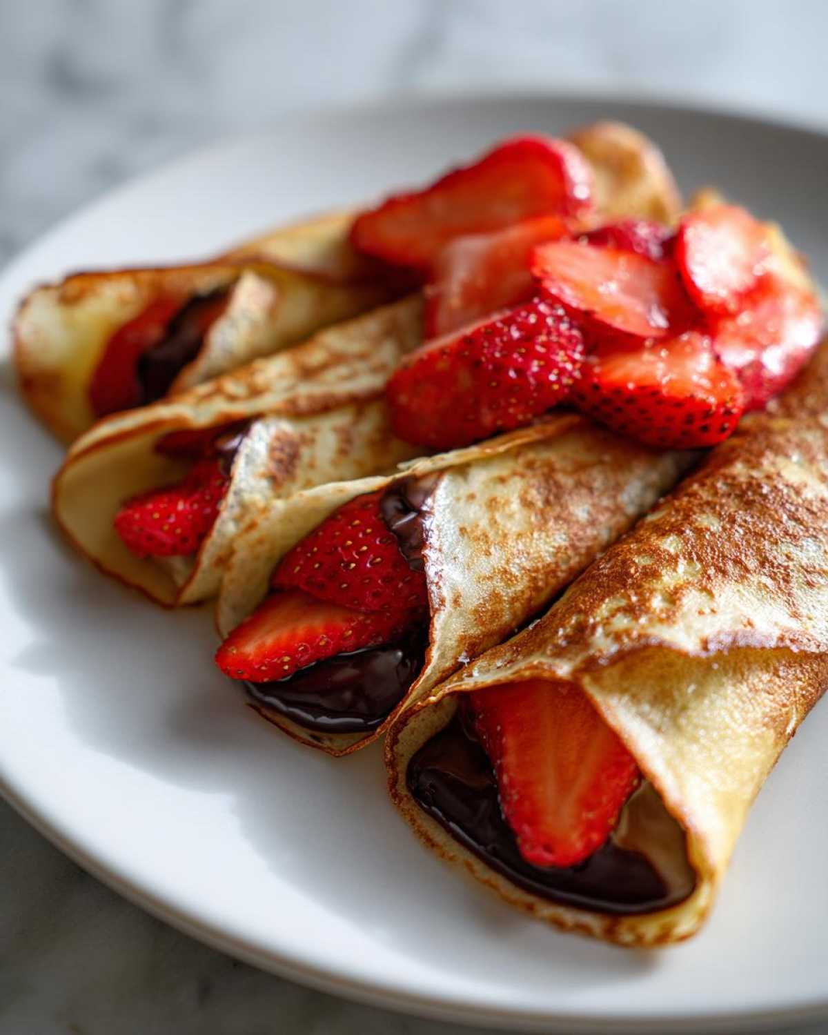Close-up of rolled Gluten-Free Chocolate Strawberry Crepes filled with chocolate spread and fresh sliced strawberries.