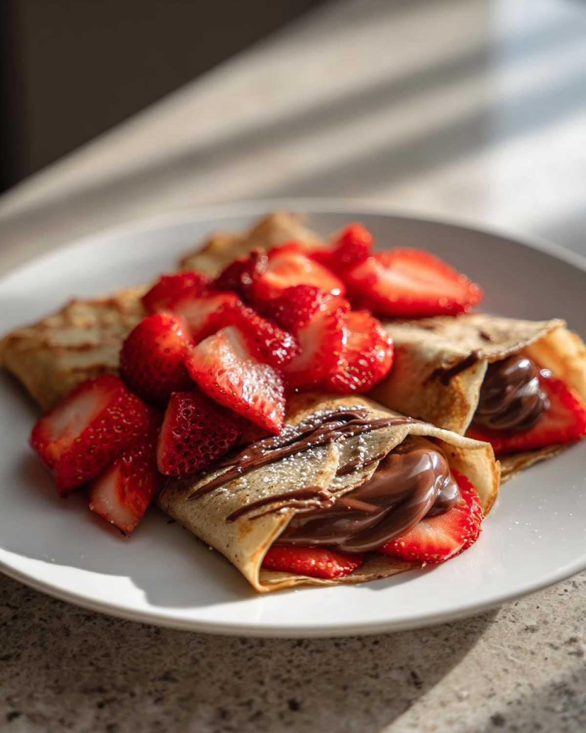 Two rolled Gluten-Free Chocolate Strawberry Crepes filled with chocolate spread and fresh strawberries, topped with more berries.