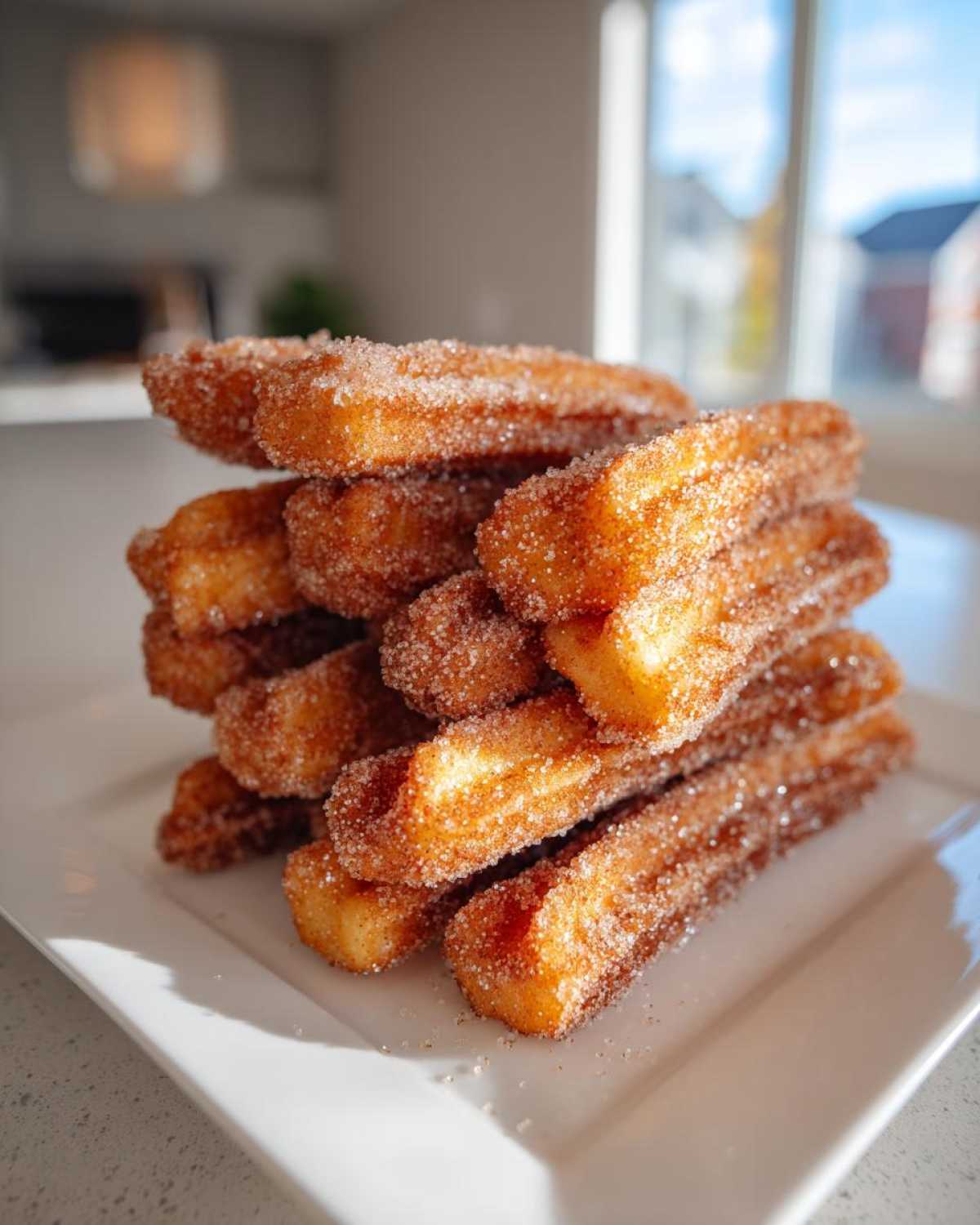 A tall stack of golden brown Gluten-Free Cinnamon Sugar Waffle Sticks coated heavily in sparkling cinnamon sugar.