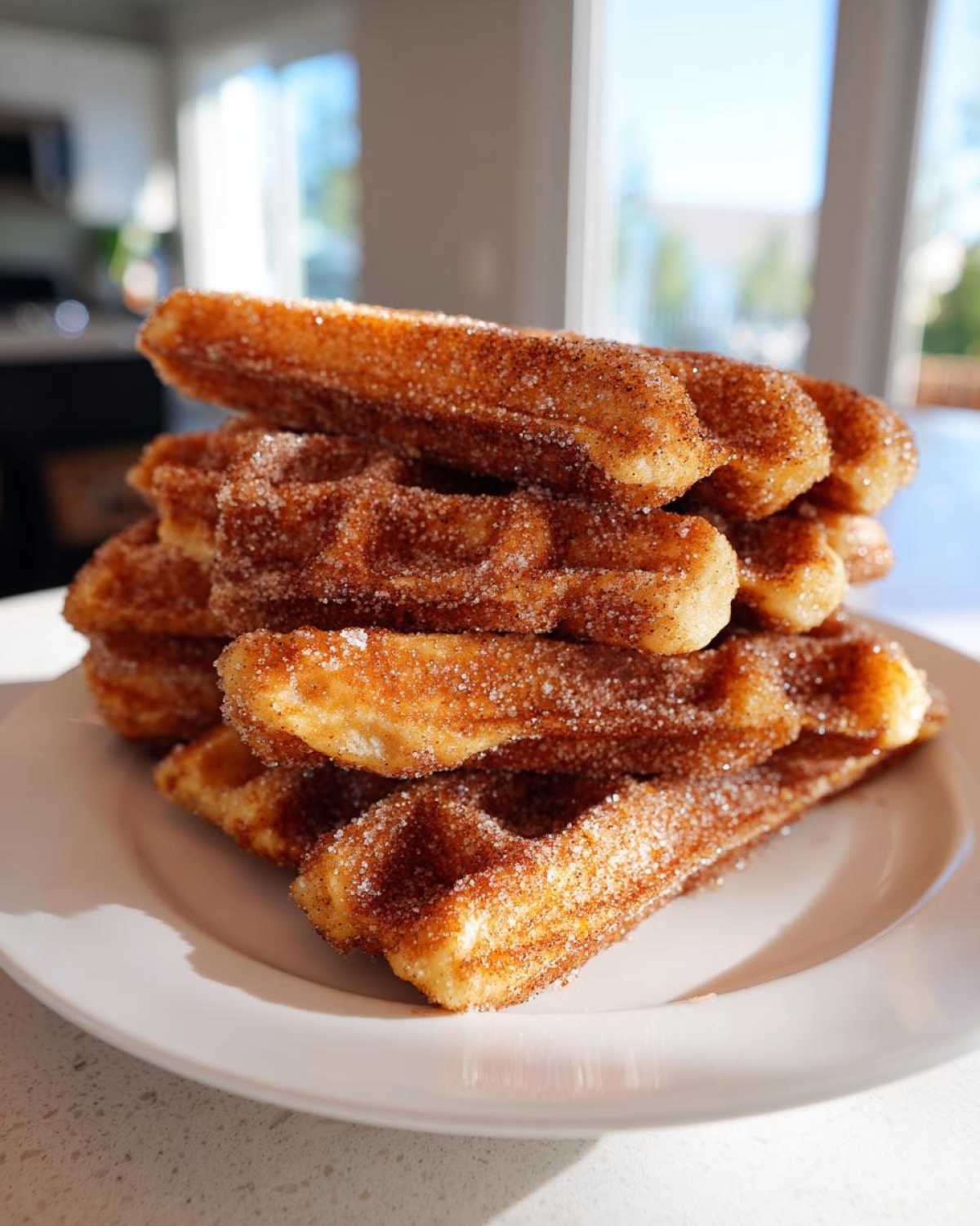 A tall stack of golden Gluten-Free Cinnamon Sugar Waffle Sticks heavily coated in sparkling cinnamon sugar on a white plate.
