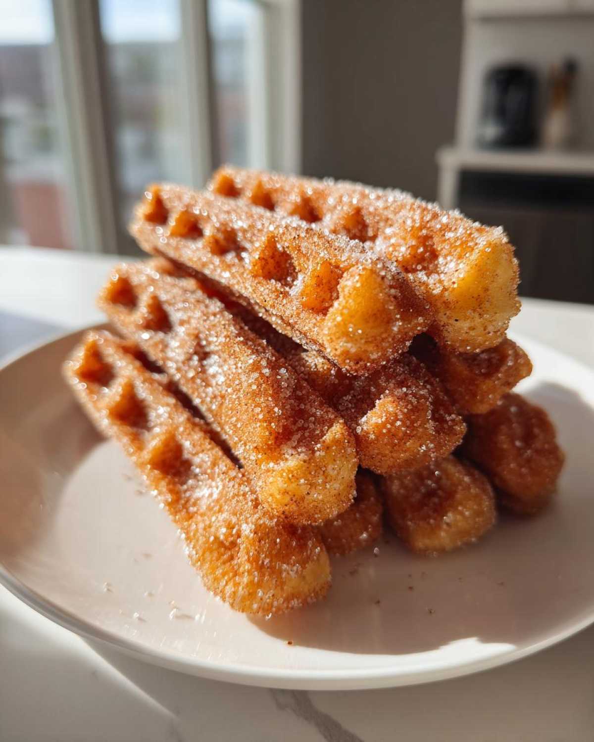A stack of golden Gluten-Free Cinnamon Sugar Waffle Sticks heavily coated in sparkling cinnamon sugar, resting on a white plate.