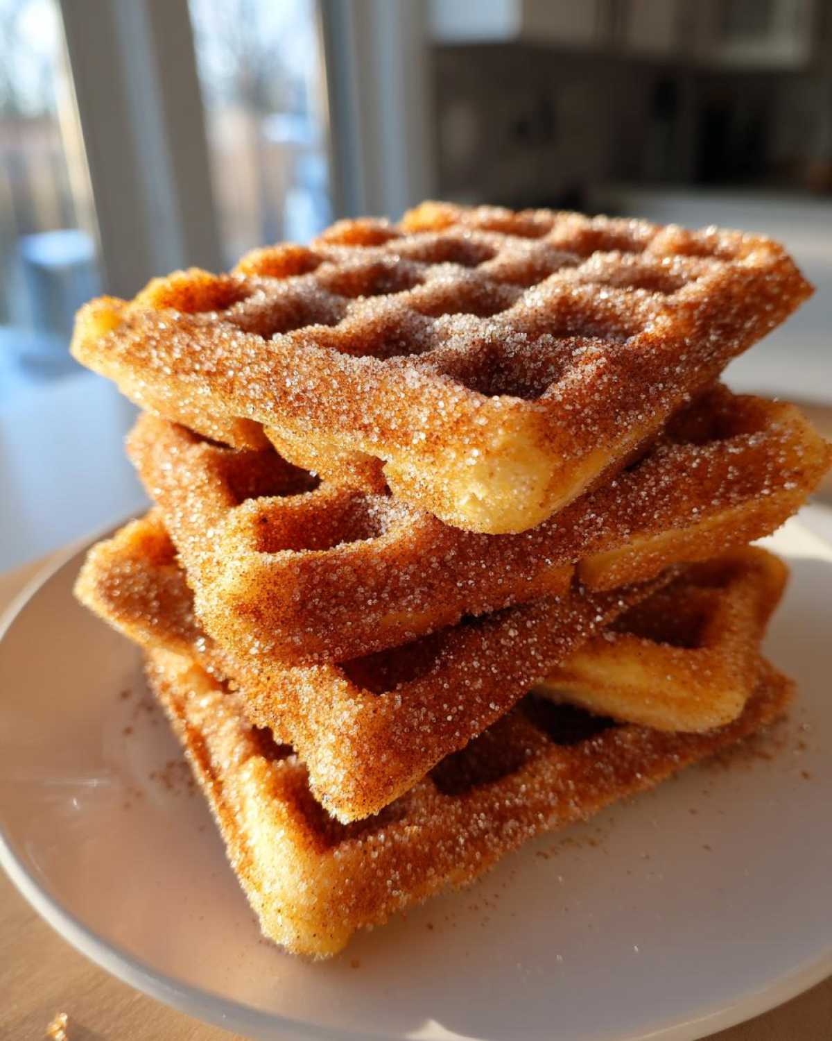 A stack of four golden Gluten-Free Cinnamon Sugar Waffle Sticks heavily coated in sparkling cinnamon sugar.