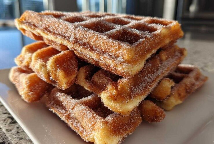 A close-up stack of crispy Gluten-Free Cinnamon Sugar Waffle Sticks heavily coated in sparkling cinnamon sugar.