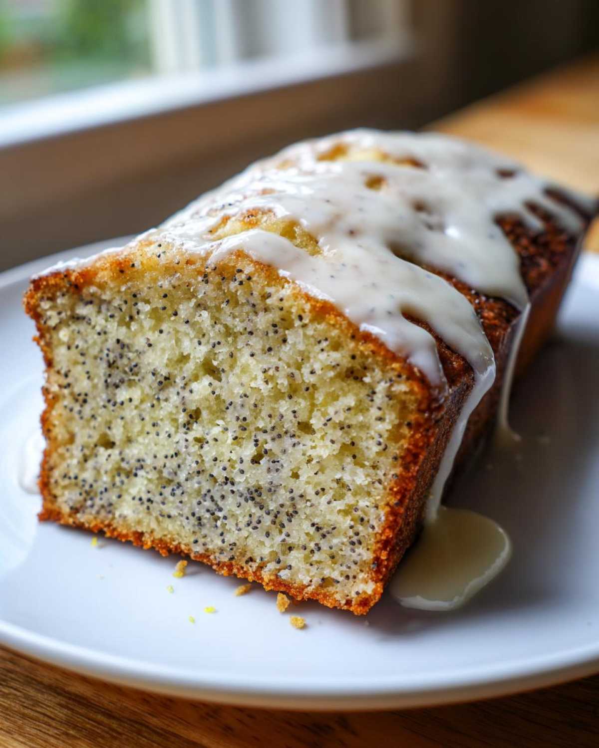 Close-up of a slice of Gluten-Free Lemon Almond Poppy Seed Cake, showing poppy seeds and lemon glaze dripping down the side.