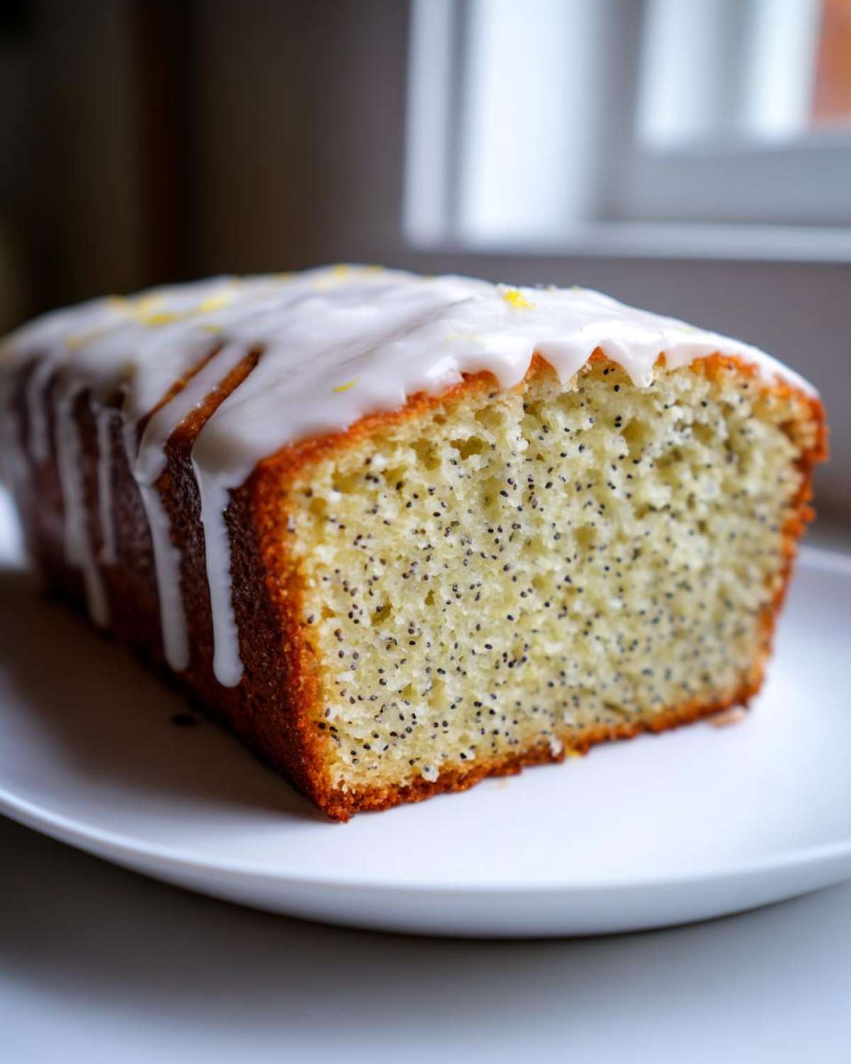 Close-up of a slice of Gluten-Free Lemon Almond Poppy Seed Cake showing the moist crumb dotted with poppy seeds and topped with white lemon glaze.