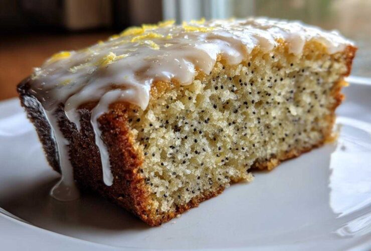 Close-up of a moist slice of Gluten-Free Lemon Almond Poppy Seed Cake with thick lemon glaze and zest.