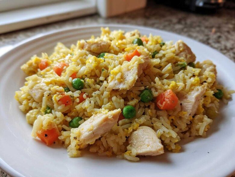 A close-up of a plate piled high with Gluten-Free Lemon Pepper Fried Rice featuring chicken pieces, carrots, peas, and scrambled egg.