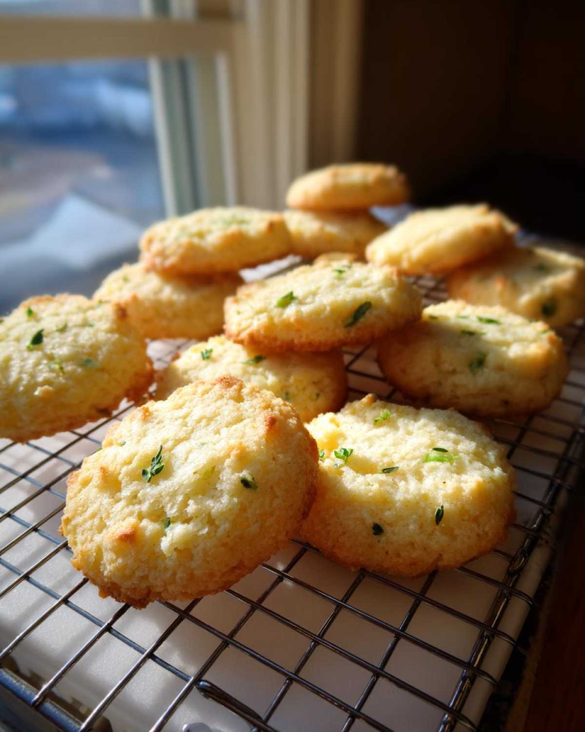 A pile of freshly baked Gluten-Free Lemon Thyme Shortbread Cookies cooling on a wire rack near a window.