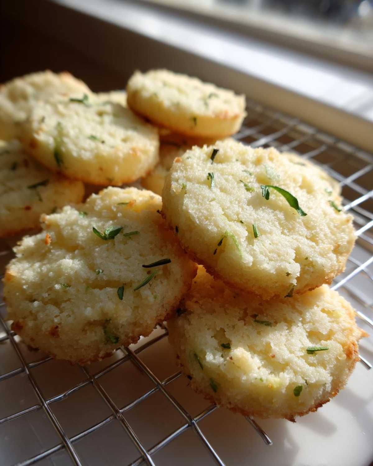 A pile of freshly baked Gluten-Free Lemon Thyme Shortbread Cookies cooling on a wire rack near a window.