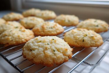 A batch of freshly baked Gluten-Free Lemon Thyme Shortbread Cookies cooling on a wire rack.