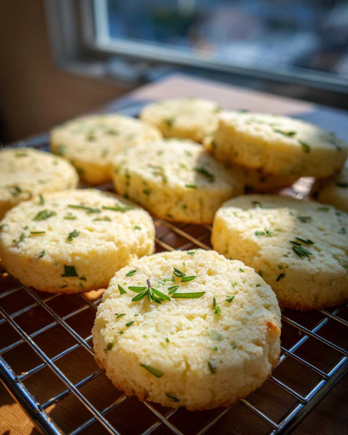 Close-up of round Gluten-Free Lemon Thyme Shortbread Cookies cooling on a wire rack, speckled with green herbs.