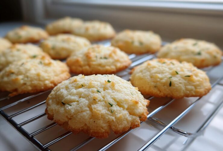 A batch of freshly baked Gluten-Free Lemon Thyme Shortbread Cookies cooling on a wire rack.