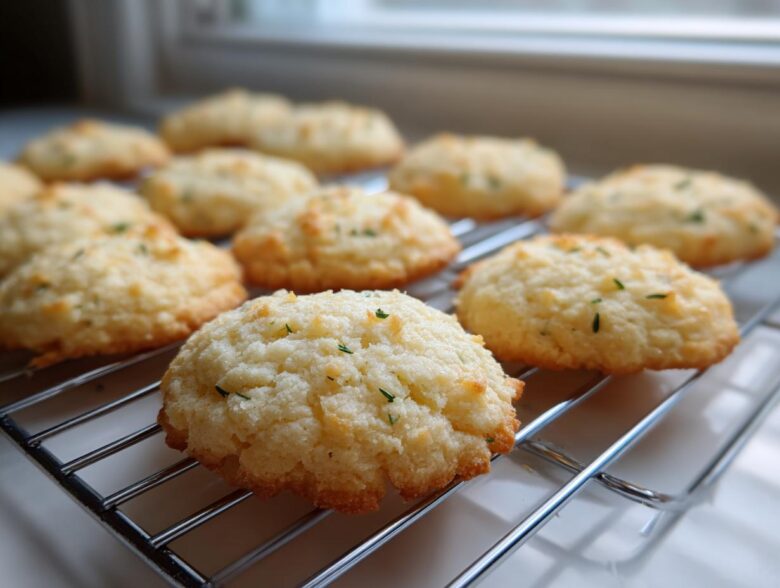 A batch of freshly baked Gluten-Free Lemon Thyme Shortbread Cookies cooling on a wire rack.