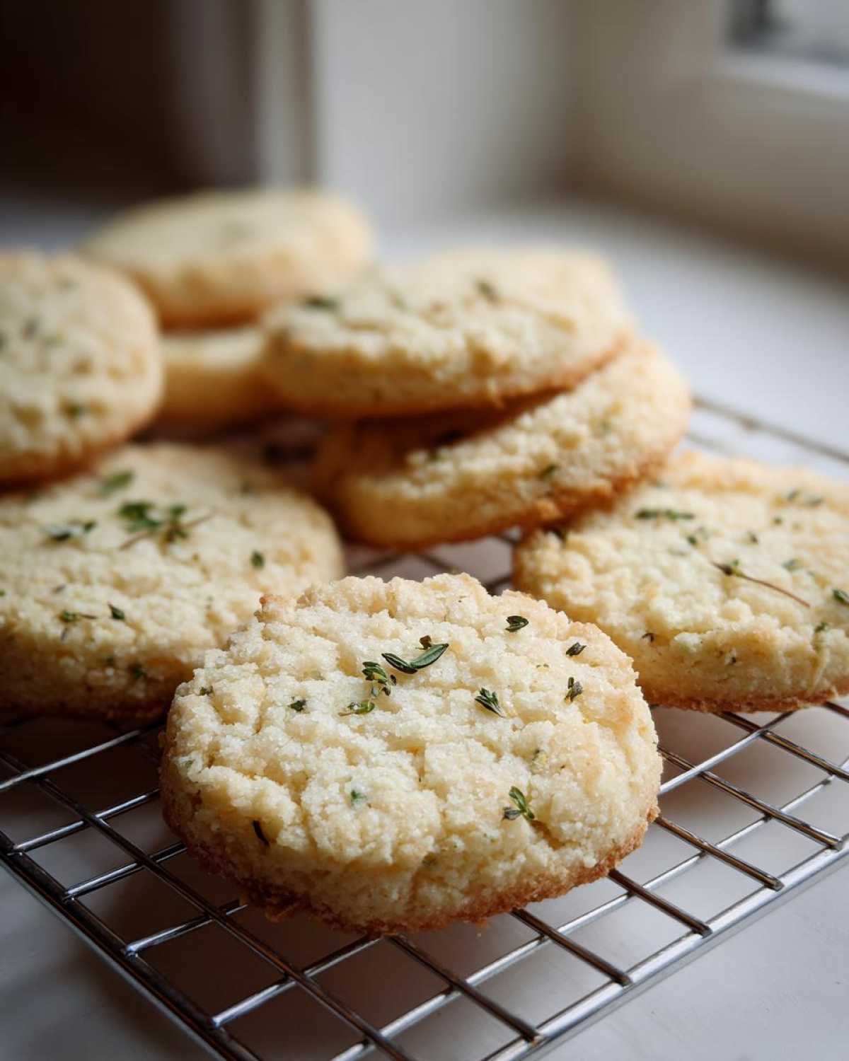 Close-up of Gluten-Free Lemon Thyme Shortbread Cookies cooling on a wire rack, topped with fresh thyme.