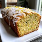 A loaf of moist Gluten-Free Lemon Zucchini Bread drizzled with white lemon glaze and topped with zest.