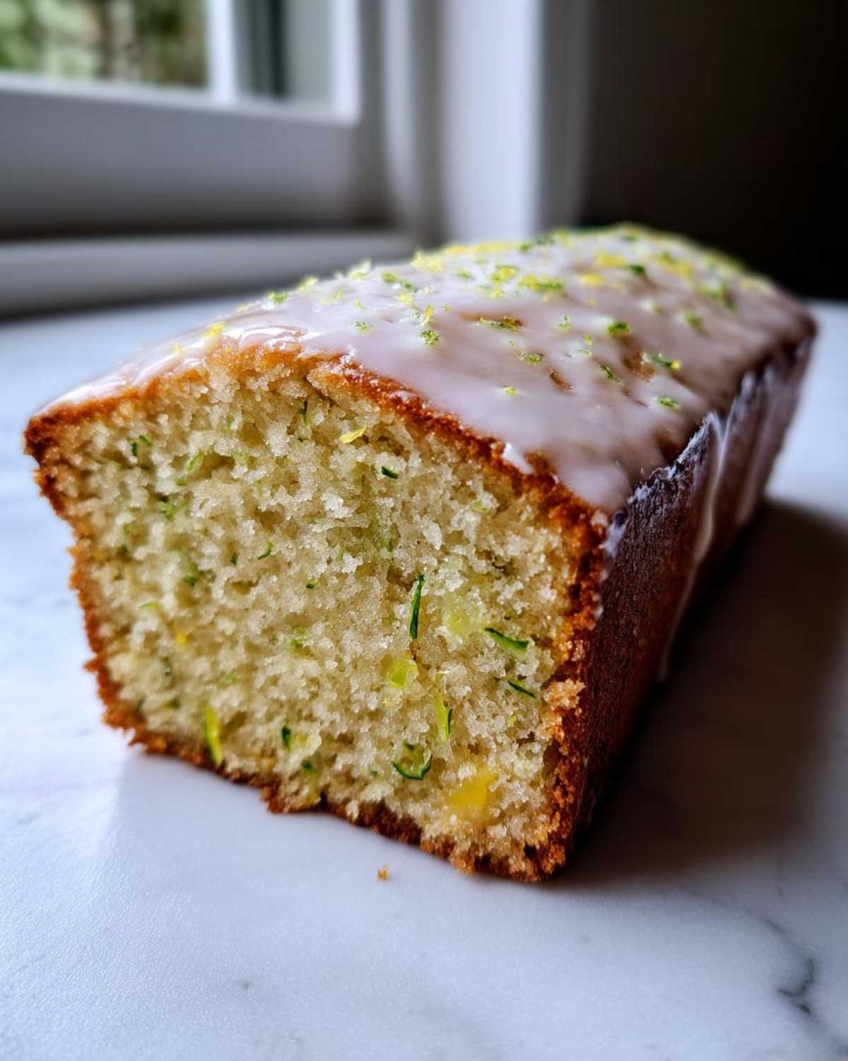 A close-up of a freshly baked Gluten-Free Lemon Zucchini Bread loaf with white glaze and lemon zest.