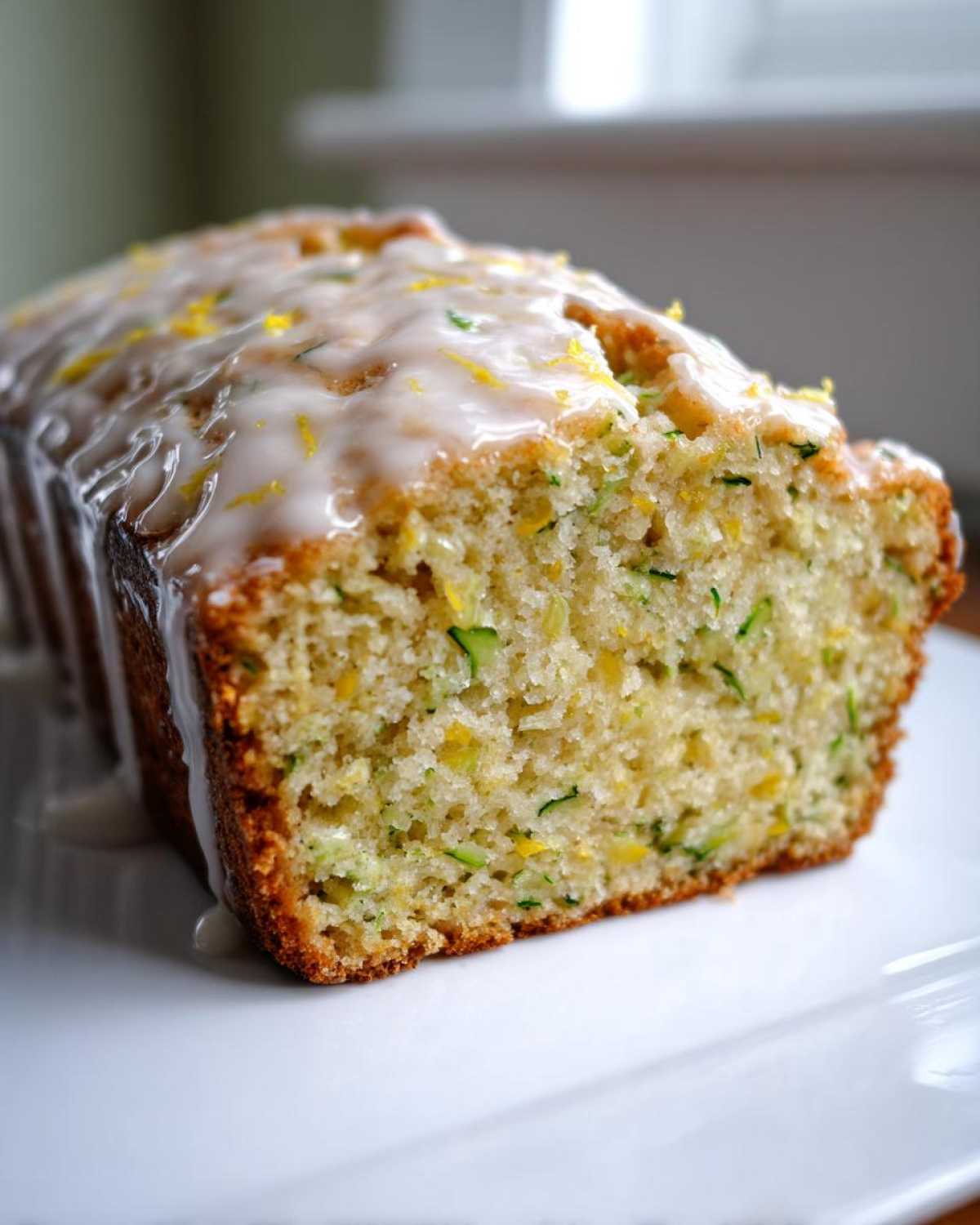 Close-up of a freshly baked loaf of Gluten-Free Lemon Zucchini Bread topped with a thick lemon glaze and zest.