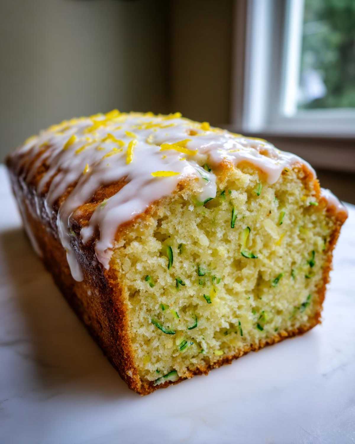 Close-up of a freshly baked Gluten-Free Lemon Zucchini Bread loaf topped with white glaze and lemon zest.