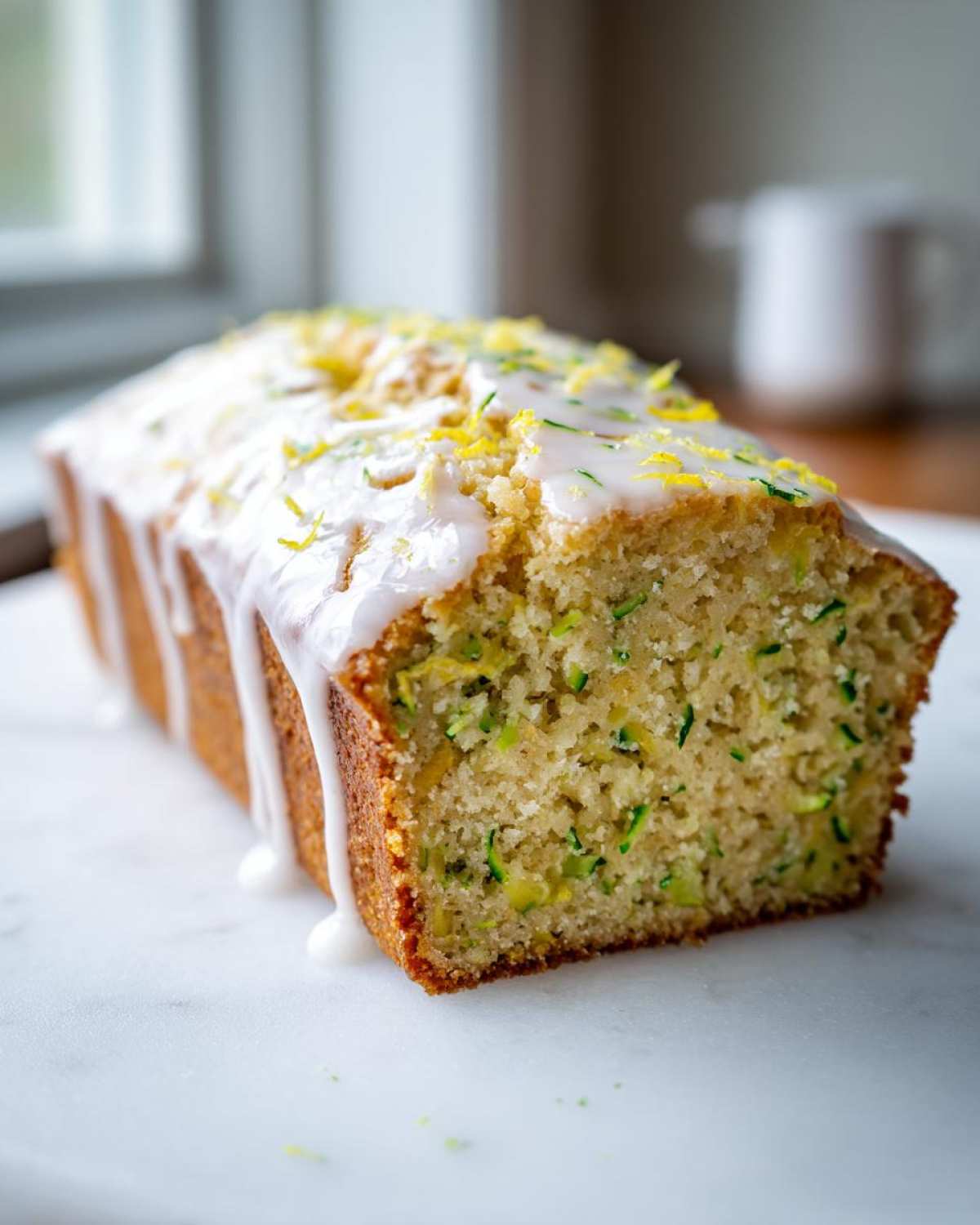 A loaf of moist Gluten-Free Lemon Zucchini Bread drizzled with white icing and topped with lemon zest.