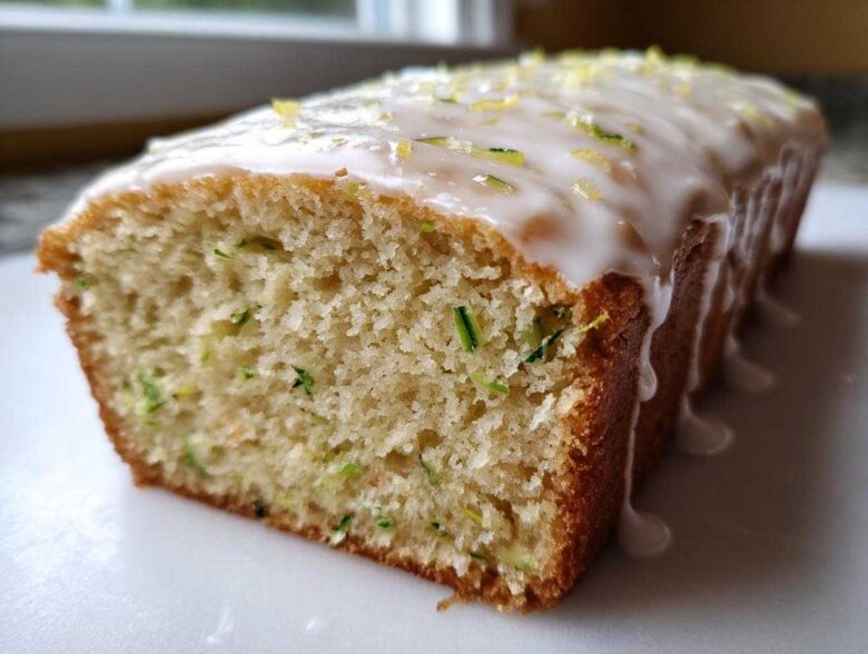 Close-up of a loaf of moist Gluten-Free Lemon Zucchini Bread topped with white glaze and lemon zest.