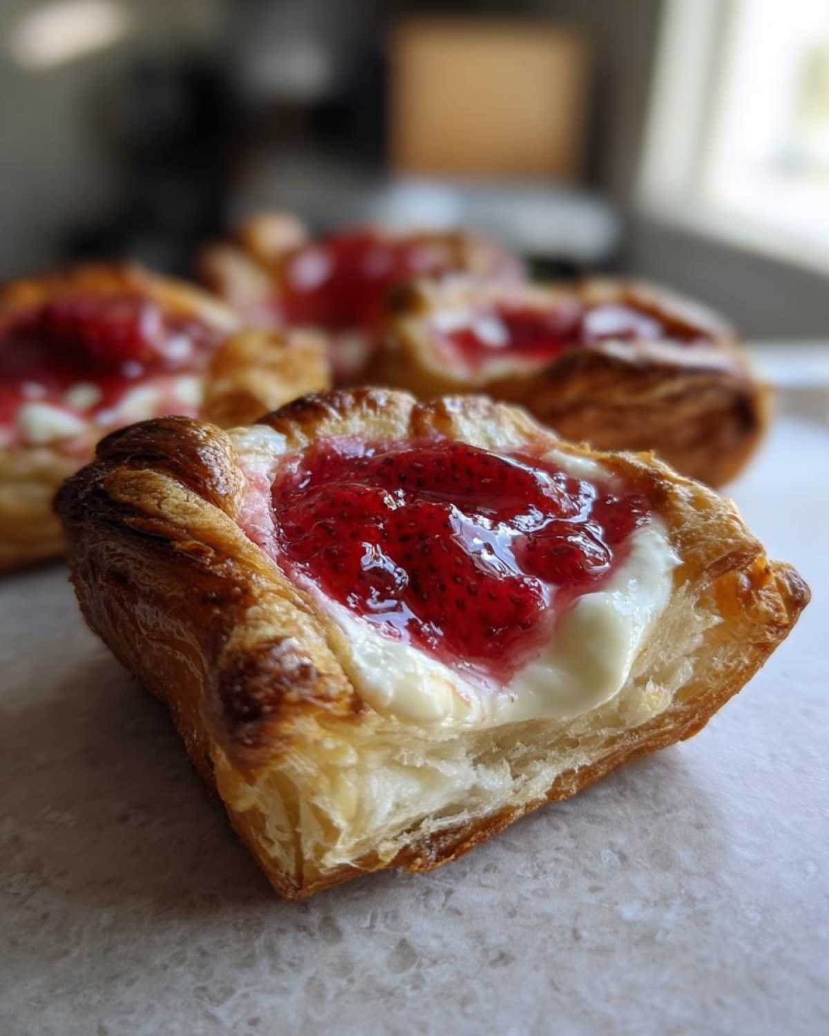 A close-up of a flaky, golden-brown Gluten-Free Strawberry Cream Cheese Danish topped with bright red strawberry jam and cream cheese filling.